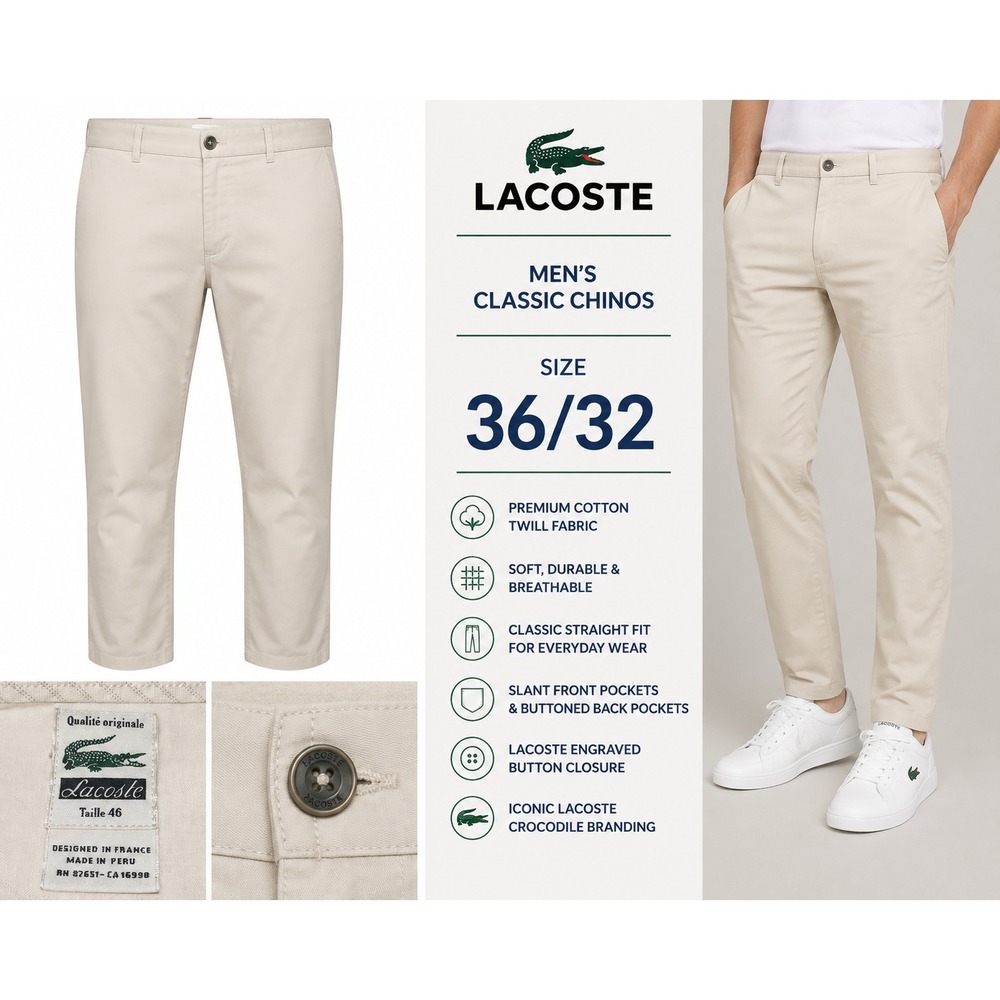 Lacoste Mens 36/32 EU 46 Yellow Classic Chinos  Cotton Twill Straight Fit Pants